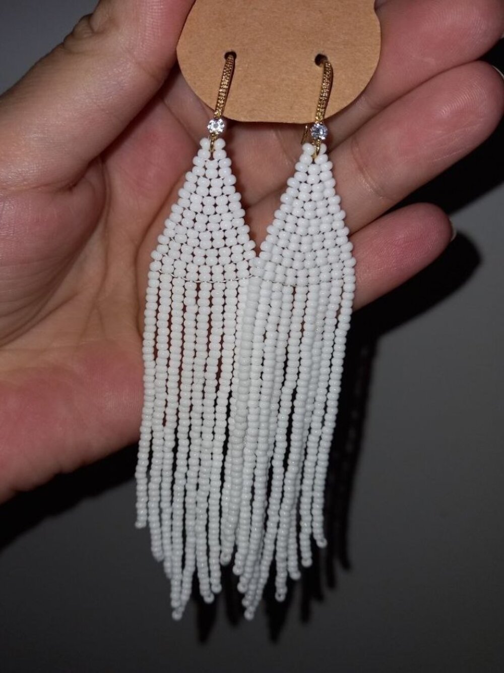 White Beaded Fringe Earrings 11.5cm Czech Glass 18K CZ Hooks